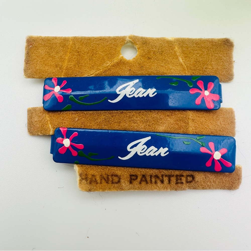 Blue Hand-Painted Hair Clips with Pink Flowers